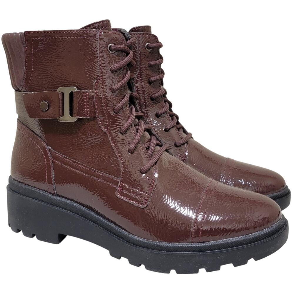 Clarks Women Calla Dance Ankle Combat Boots Size US 8M Burgundy Crinkle Patent